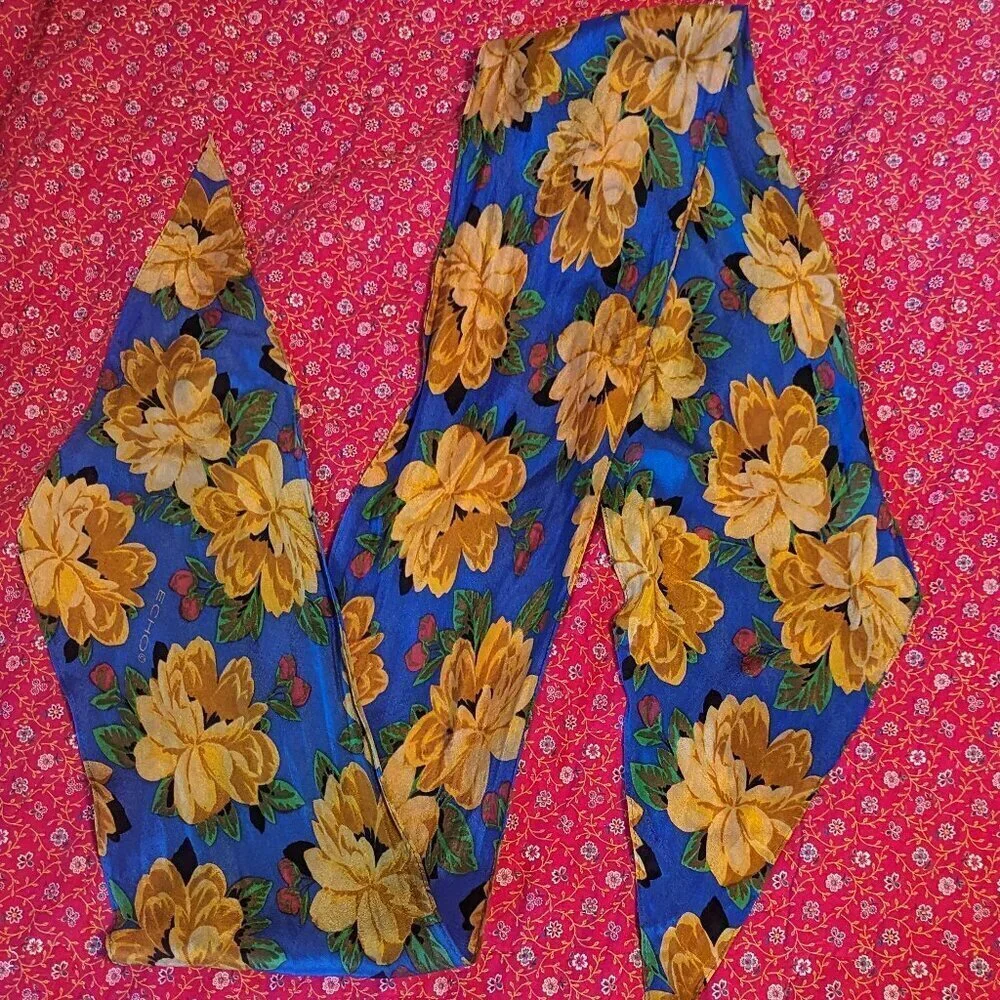 Vintage Skinny Silk Echo Scarf Floral Flowey Cottage Core Boho 80’s‎ 90’s